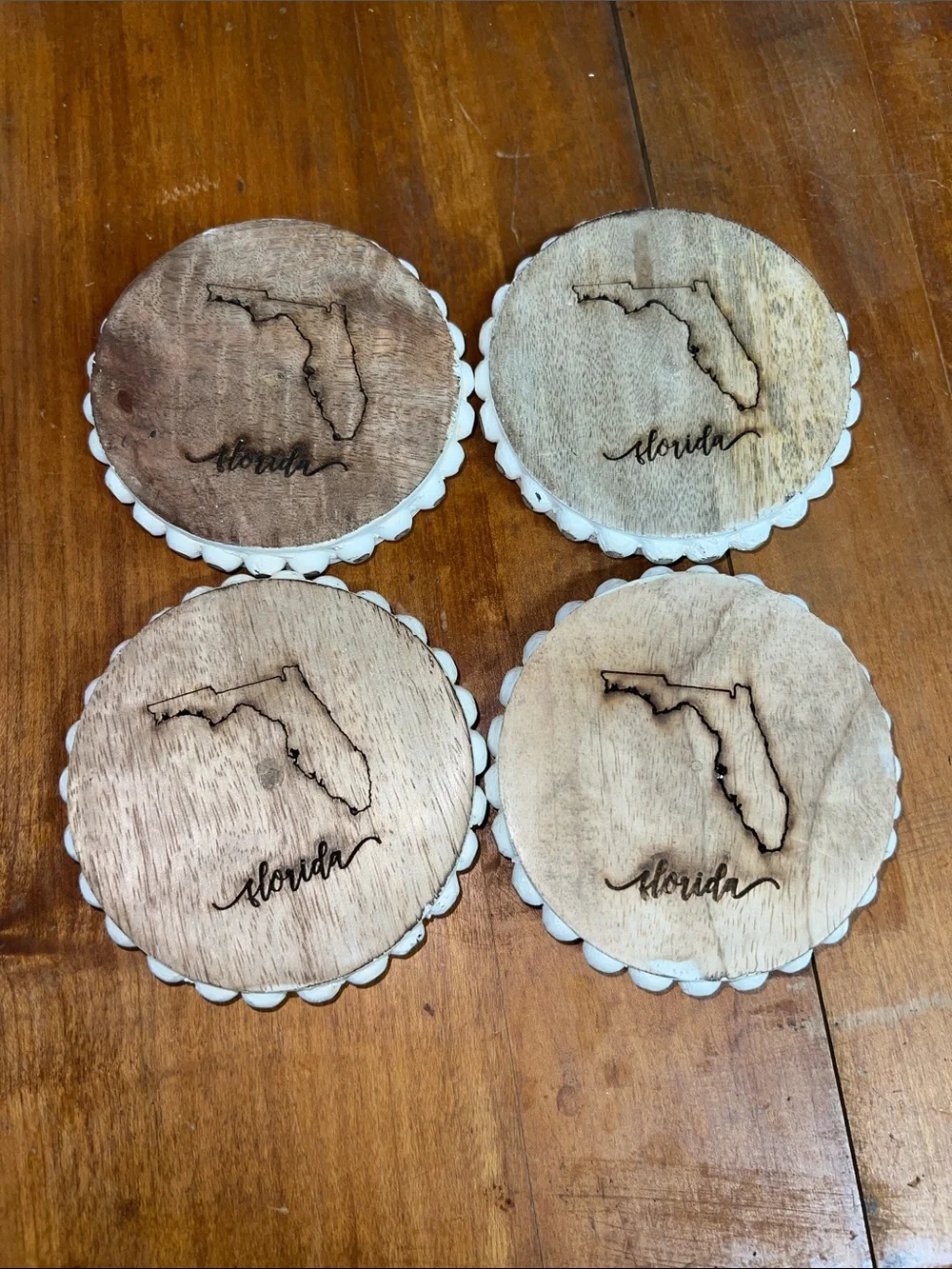 Mary Square Florida Wood and White Bead Coaster - Florida Design